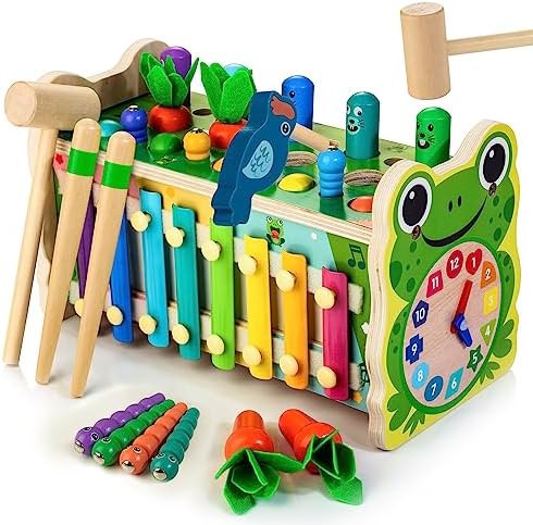 6 in 1 Wooden Montessori Toys for 1 Year Old Whack a Mole Game Hammering Pounding Toy with Xylophone Carrot Harvest Game Learning Developmental Toys Toddler Activities Gift Ages 1 2 3 4